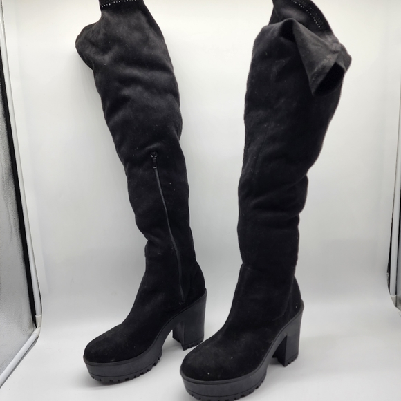 Aus 10 Black Thigh High Platform Faux Suede Boots - Picture 16 of 16